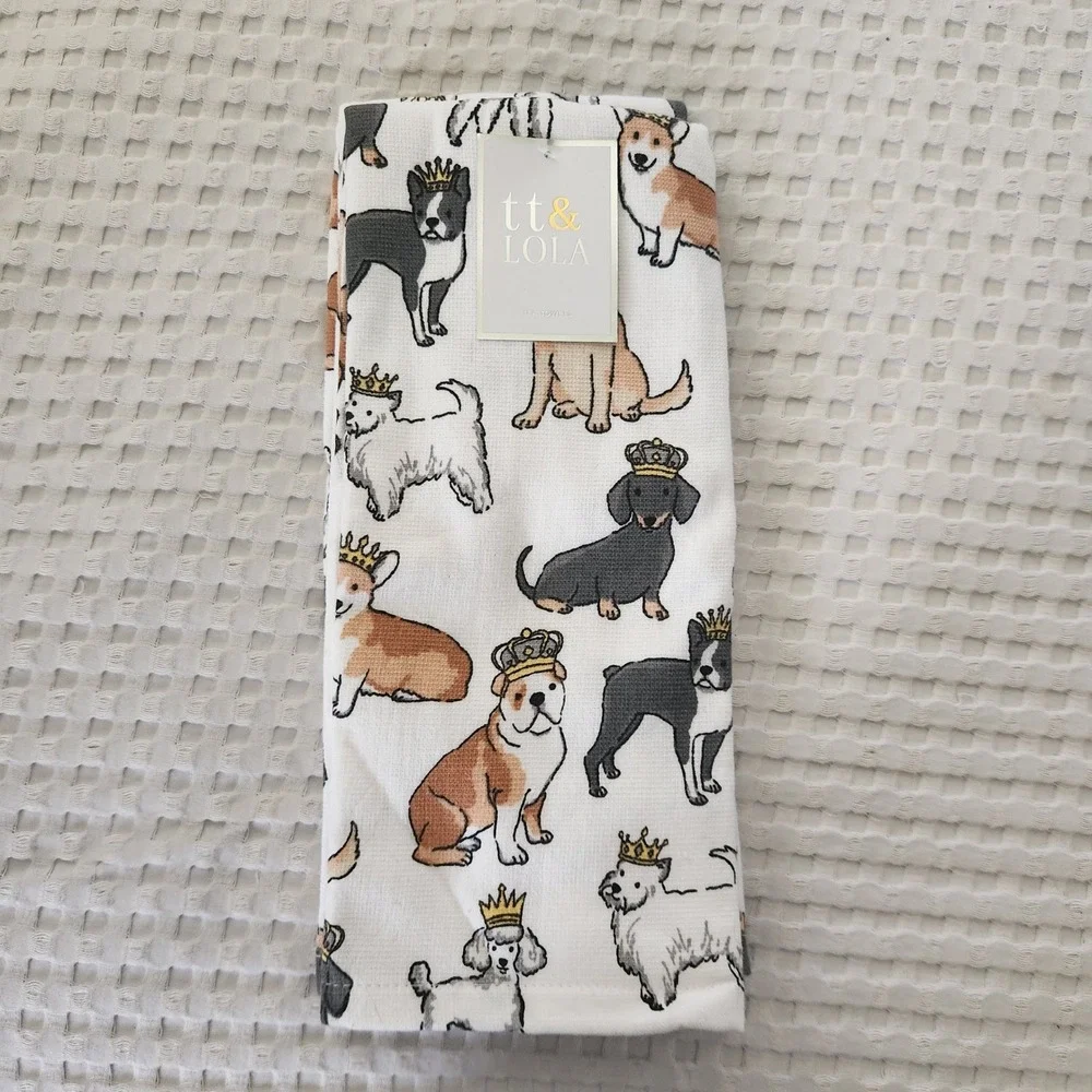 tt & LOLA Royal Dogs with Crowns Waffle Weave Tea Towel Set White Multicolor New